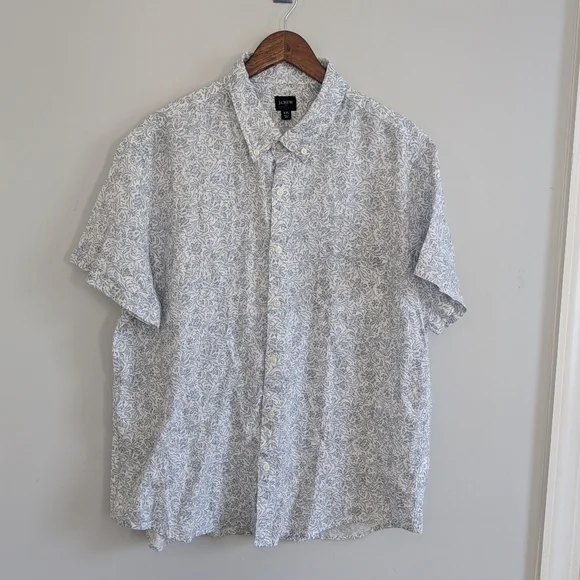 Men's J.Crew Linen Cotton Blend White Floral Light Blue XXL Short Sleeve - Picture 1 of 5